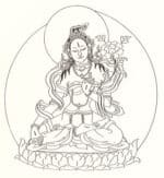 Serene depiction of a meditative deity surrounded by clouds in traditional art style.