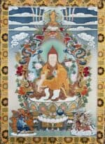 Vivid Tibetan thangka painting depicting Buddhist deities, colorful and intricate religious artwork.