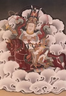 Majestic deity riding a dragon through clouds in traditional Asian artwork.
