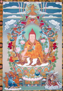 Vivid Tibetan Buddhist thangka painting featuring deities, dragons, and floral motifs in vibrant colors.