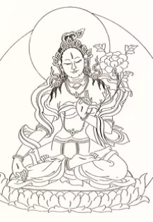 Serene depiction of a meditative deity surrounded by clouds in traditional art style.